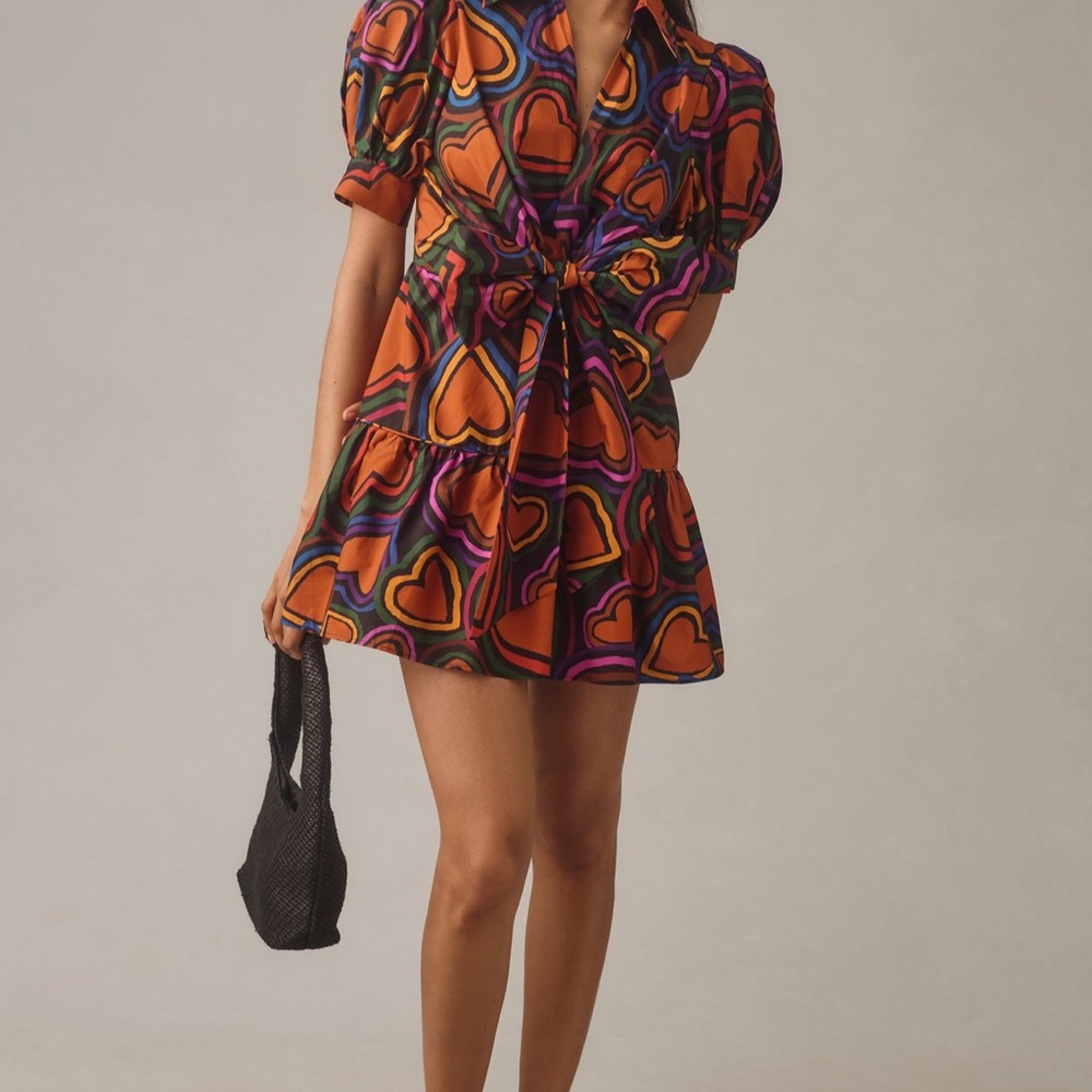 NWT FARM Rio Heart short sleeve bow front mini dress anthropologie